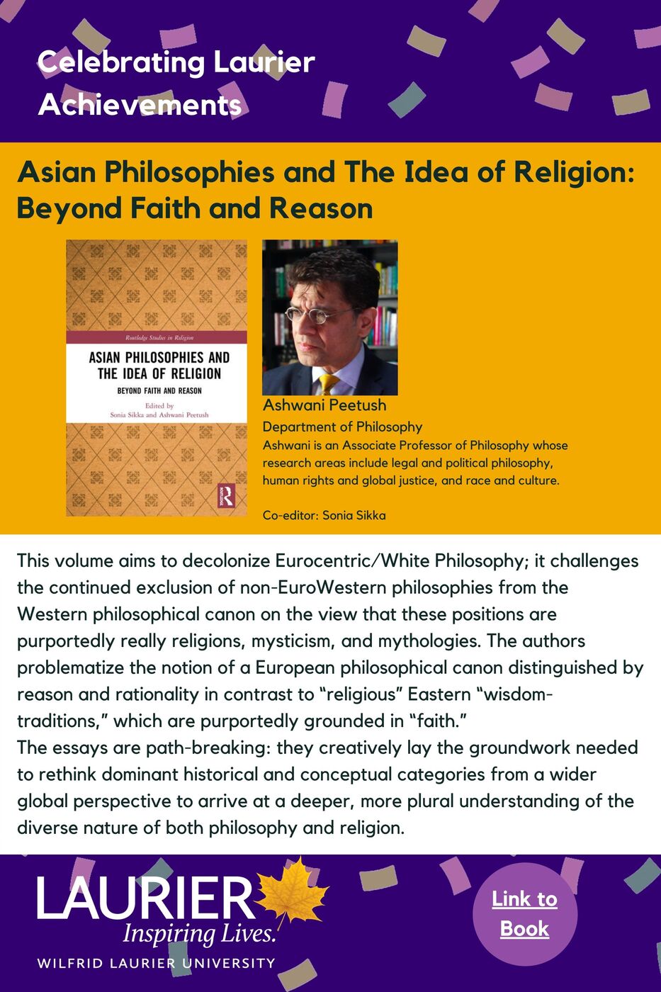 Asian Philosophies and The Idea of Religion: Beyond Faith and Reason promotional poster for the Celebrating Laurier Achievements program with a headshot of the book's author, Ashwani Peetush. 