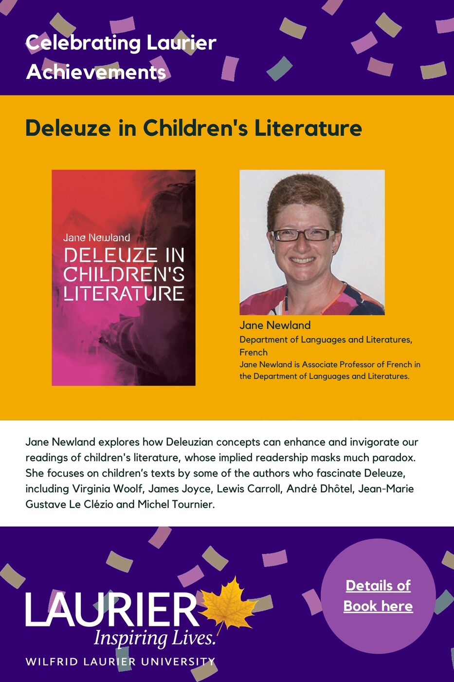 Deleuze in Children's Literature promtional poster for the Celebrating Laurier Achievements program with a headshot of the book's author, Jane Newland.