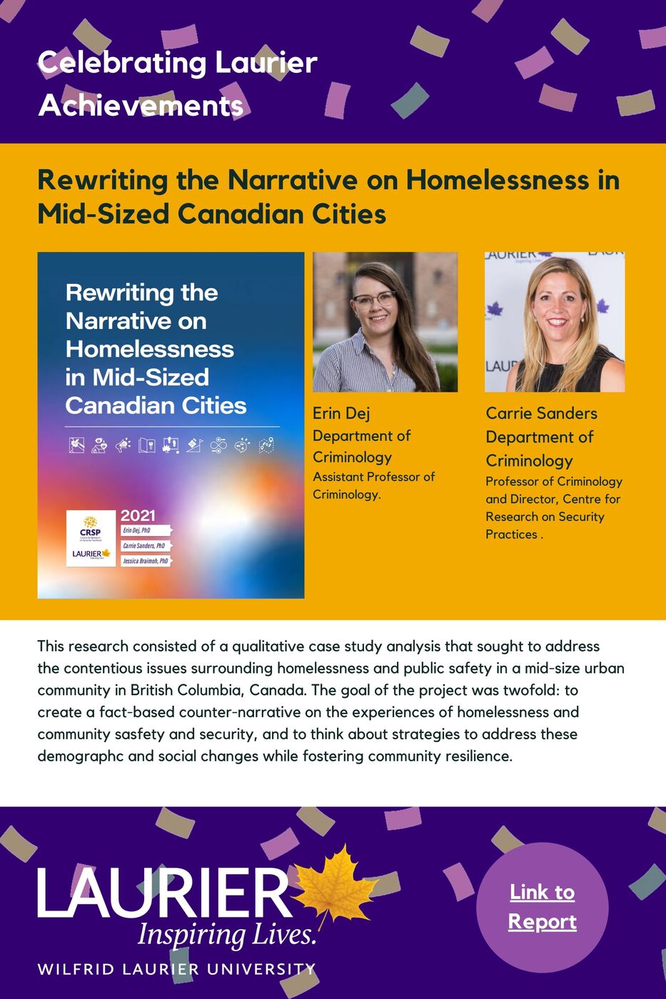 Rewriting the Narrative on Homelessness in Mid-Sized Canadian Cities promotional poster for the Celebrating Laurier Achievements program with a headshot of co-author Erin Dej.