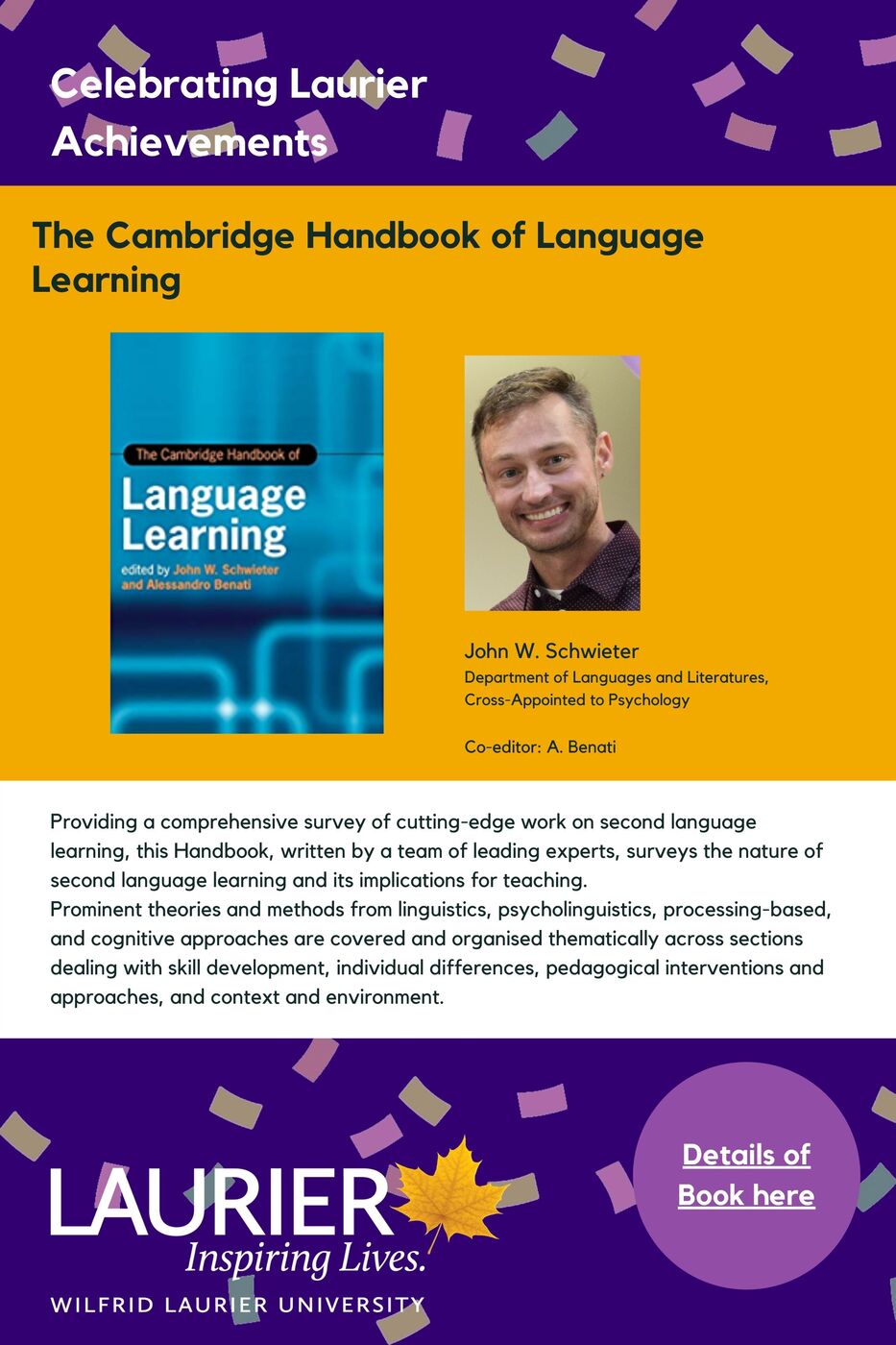 The Cambridge Handbook of Language Learning promotional poster for the Celebrating Laurier Achievements program with a headshot of the book's co-editor, John W. Schwieter.