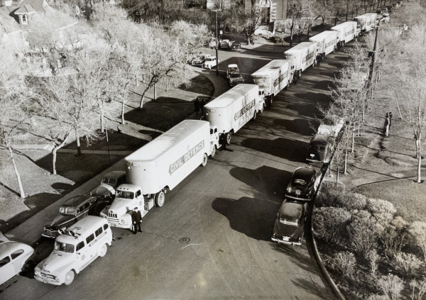 Black and white photograph of Canadian Civil Defence Convoy in Saskatoon, Saskatchewan 1953