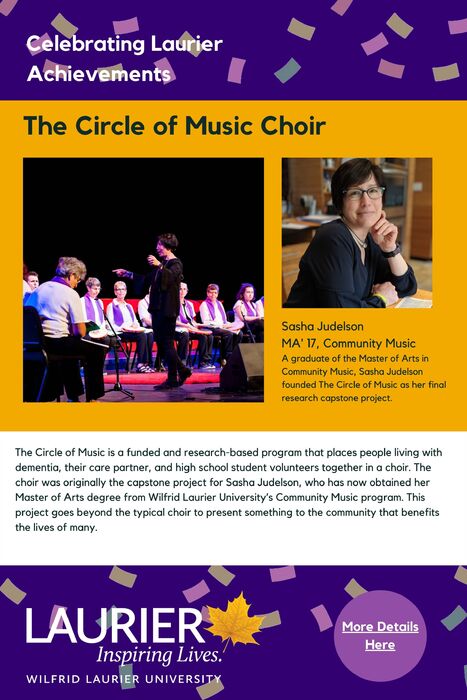 Circle of Music Choir for those living with dementia poster for the Celebrating Laurier Achievements program with a headshot of the creator, Sasha Judelson.