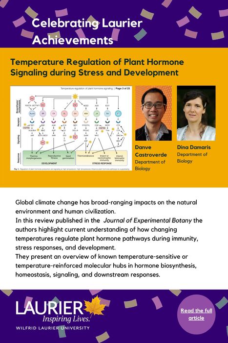 Temperature Regulation of Plant Hormone Signaling During Stress and Development promotional poster for the Celebrating Laurier Achievements program with a headshot of the article's authors Christian Danve and Dina Damaris.