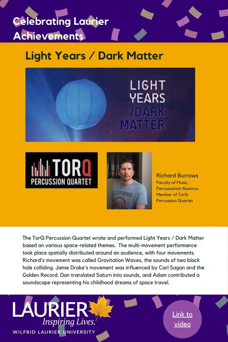 Light Years / Dark Matter  promotional poster for the Celebrating Laurier Achievements program with a headshot of the book's author, David Lee.