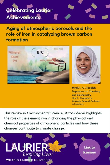 Aging of Atmospheric Aerosols and the Role of Iron in Catalyzing Brown Carbon Formation promotional poster for the Celebrating Laurier Achievements program with a headshot of the author, Hind A. Al-Abadleh.