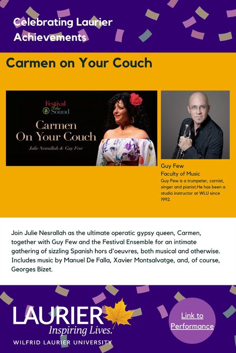Carmen on Your Couch promotional poster for the Celebrating Laurier Achievements program with a headshot of one of the musicians, Guy Few.