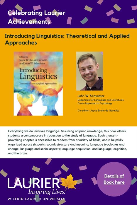 Introducing Linguistics: Theoretical and Applied Approaches promotional poster for the Celebrating Laurier Achievements program with a headshot of the book's co-editor, Julie Mueller.