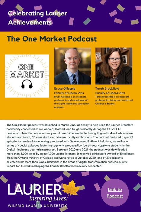 The One Market Podcast promotional poster for the Celebrating Laurier Achievements program with a headshot of the co-creators, Bruce Gillespie and Tara Brookfield.