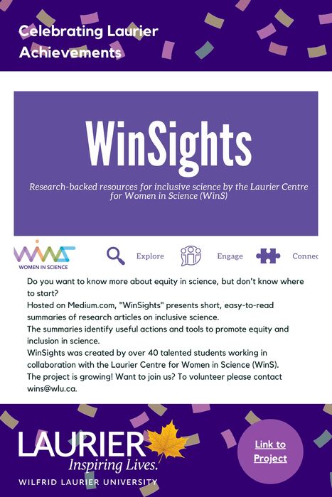 WinSights: Research-backed Resources for Inclusive Science by the Laurier Centre for Women in Science (WinS) promotional poster for the Celebrating Laurier Achievements program.