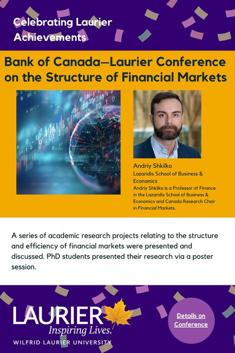 Bank of Canada-Laurier Conference on the Structure of Financial Markets promotional poster for the Celebrating Laurier Achievements program with a headshot of the workshop coordinator, Andriy Shkilko.