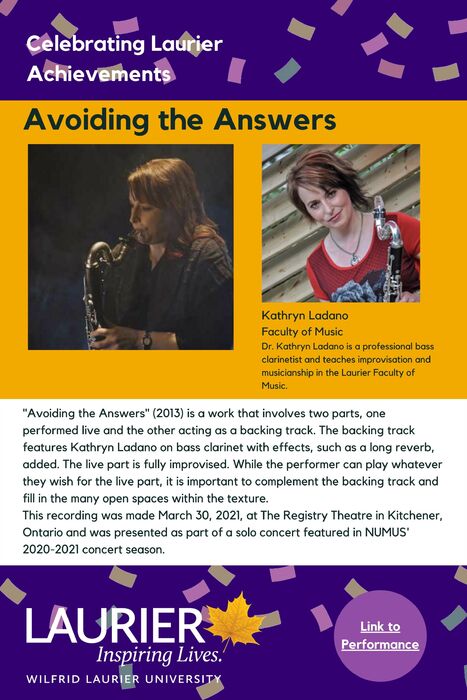 Avoiding the Answers promotional poster for the Celebrating Laurier Achievements program with a headshot of the musician, Kathryn Ladano.