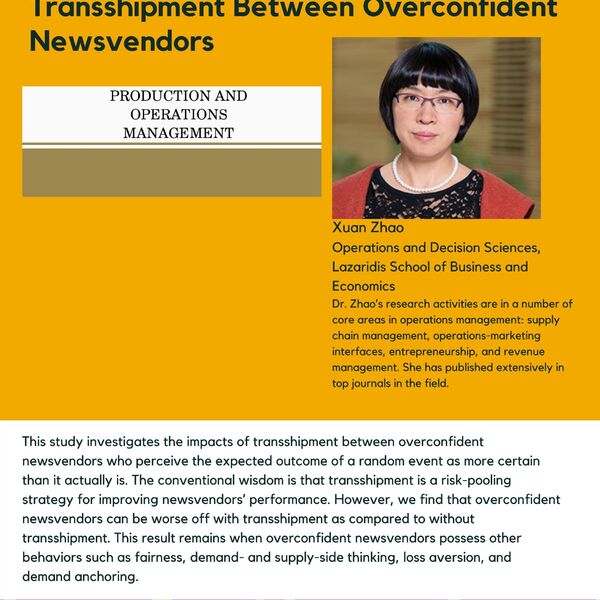 Transshipment Between Overconfident Newsvendors promotional poster for the Celebrating Laurier Achievements program with a headshot of the article's author, Xuan Zhao.