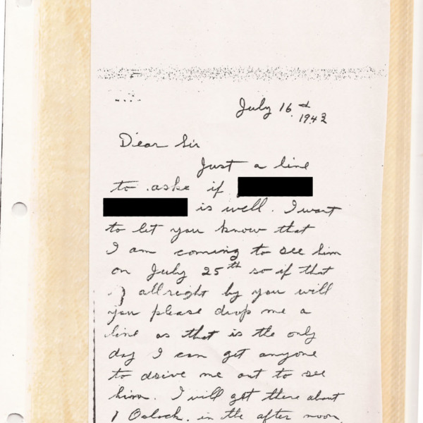 Letter from Mrs. Stevens to Ontario Hospital School administration, dated July 16, 1943.