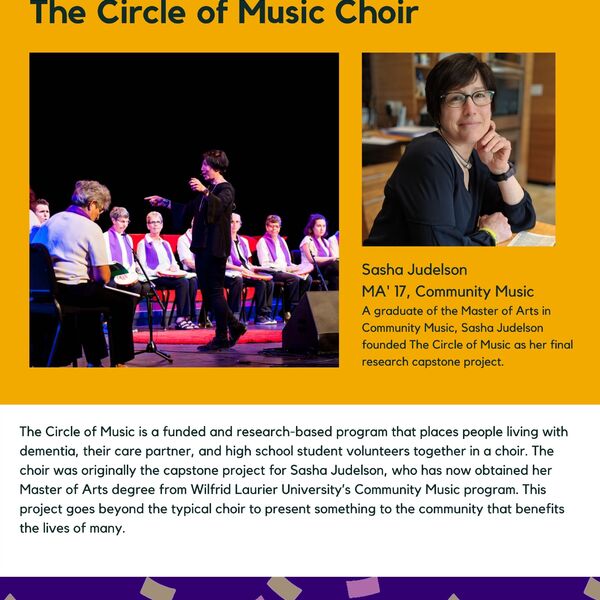 Circle of Music Choir for those living with dementia poster for the Celebrating Laurier Achievements program with a headshot of the creator, Sasha Judelson.