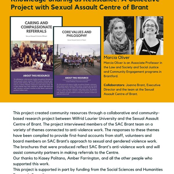 Knowledge Sharing as Resistance: A Collective Project with Sexual Assault Centre of Brant promotional poster for the Celebrating Laurier Achievements program with a headshot of Marcia Oliver.