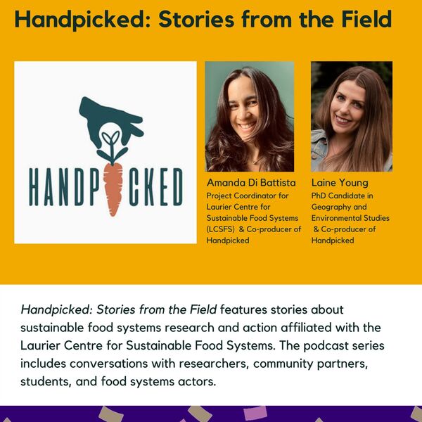 Handpicked: Stories from the Field promotional poster for the Celebrating Laurier Achievements program with a headshot of the podcast's co-producers, Amanda Di Battista and Laine Young.