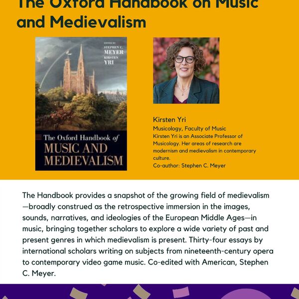 The Oxford Handbook on Music and Medievalism promotional poster for the Celebrating Laurier Achievements program with a headshot of the book's author, Kristen Yri.
