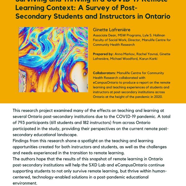 Surviving and Thriving in a COVID-19 Remote Learning Context: A Survey of Post-Secondary Students and Instructors in Ontario promotional poster for the Celebrating Laurier Achievements Program.