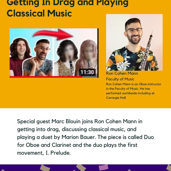 Getting in Drag and Playing Classical Music promotional poster for the Celebrating Laurier Achievements program with a headshot of the the musician and artist, Rom Cohen Mann.