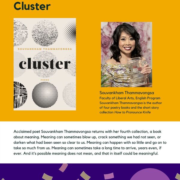 Cluster promotional poster for the Celebrating Laurier Achievements program with a headshot of the book's author, Souvankham Thammavongsa.