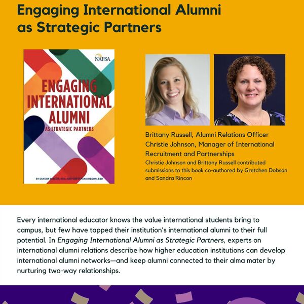 Engaging International Alumni as Strategic Partners promotional poster for the Celebrating Laurier Achievements program with a headshot of the book's authors Brittany Russell and Christie Johnson.
