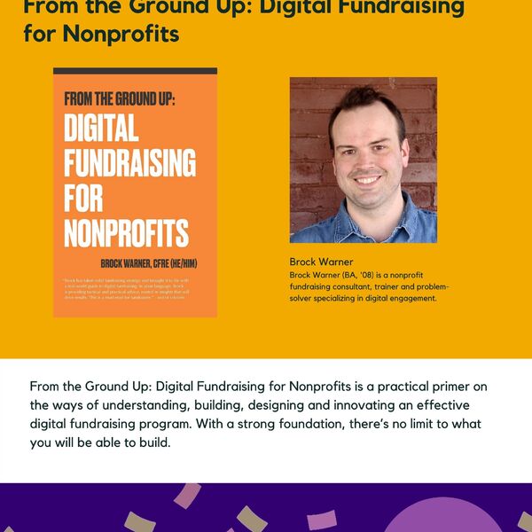 From the Ground Up: Digital Fundraising for Nonprofits promotional poster for the Celebrating Laurier Achievements program with a headshot of the book's author Brock Warner.
