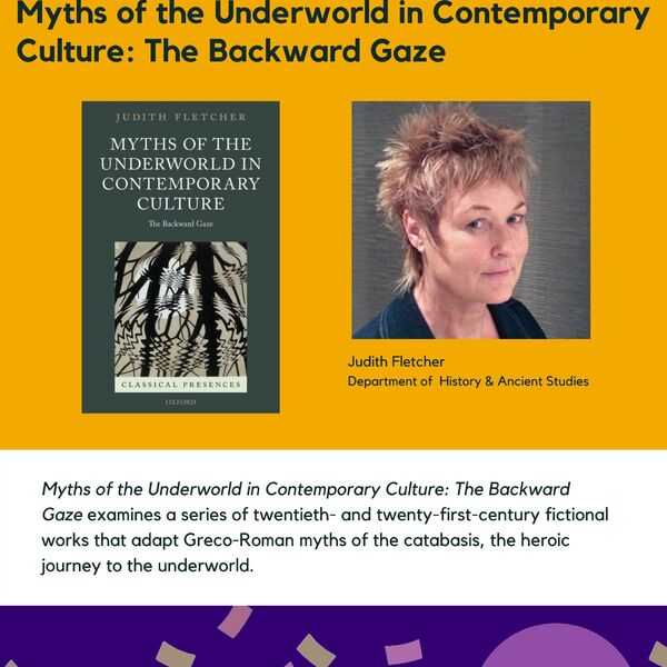 Myths of the Underworld in Contemporary Culture: The Backward Gaze promtional poster for the Celebrating Laurier Achievements program with a headshot of the author, Judith Fletcher.