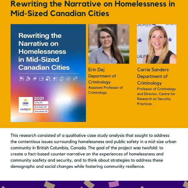 Rewriting the Narrative on Homelessness in Mid-Sized Canadian Cities promotional poster for the Celebrating Laurier Achievements program with a headshot of co-author Erin Dej.