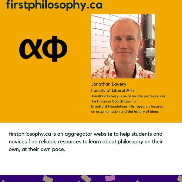 firstphilosophy.ca promotional poster for the  Celebrating Laurier Achievements program with a headshot of the website's creator, Jonathan Lavery. 