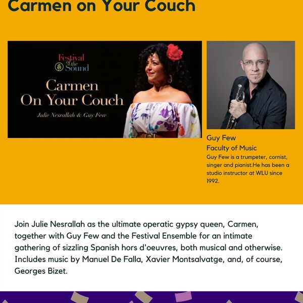 Carmen on Your Couch promotional poster for the Celebrating Laurier Achievements program with a headshot of one of the musicians, Guy Few.