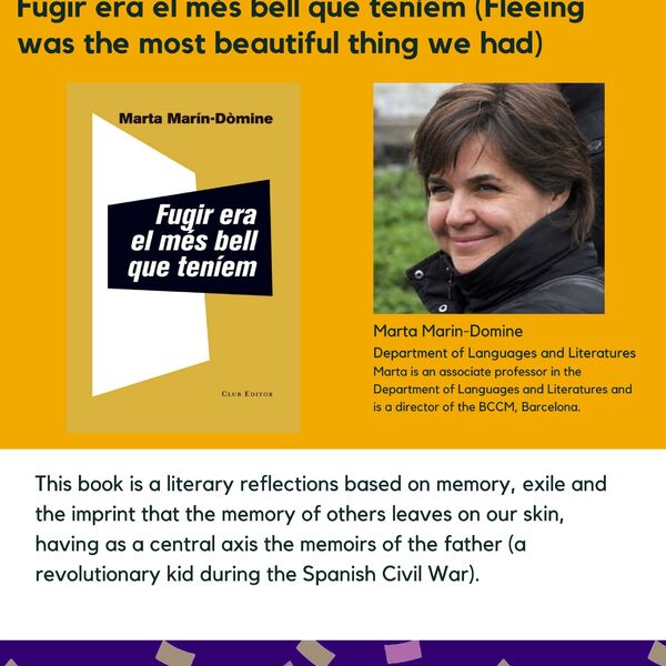 Fugir era el més bell que teníem (Fleeing was the most beautiful thing we had) promotional poster for the Celebrating Laurier Achievements program with a headshot of the book's author, Marta Marin-Domine.
