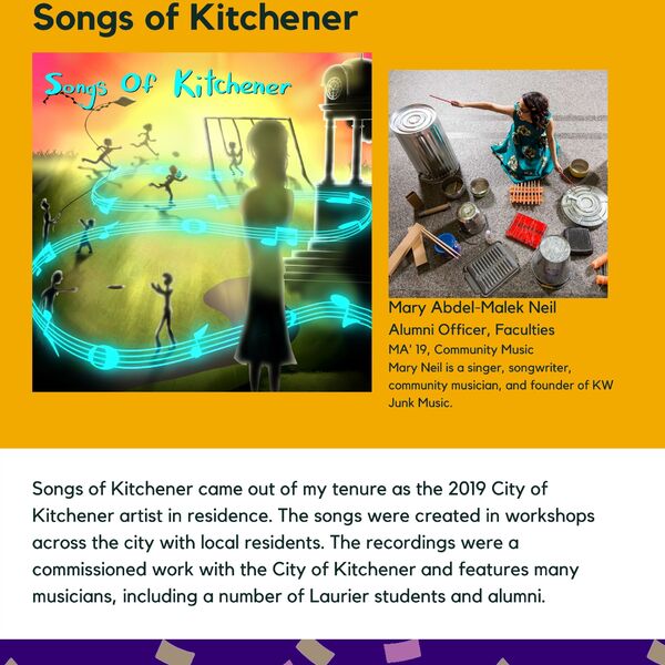 Songs of Kitchener - a community music collaboration with local residents promotional poster for the Celebrating Laurier Achievements program with a headshot of the musician, Mary Abdel-Malek Neil.