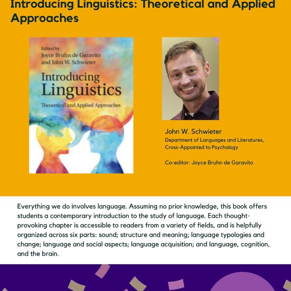Introducing Linguistics: Theoretical and Applied Approaches promotional poster for the Celebrating Laurier Achievements program with a headshot of the book's co-editor, Julie Mueller.