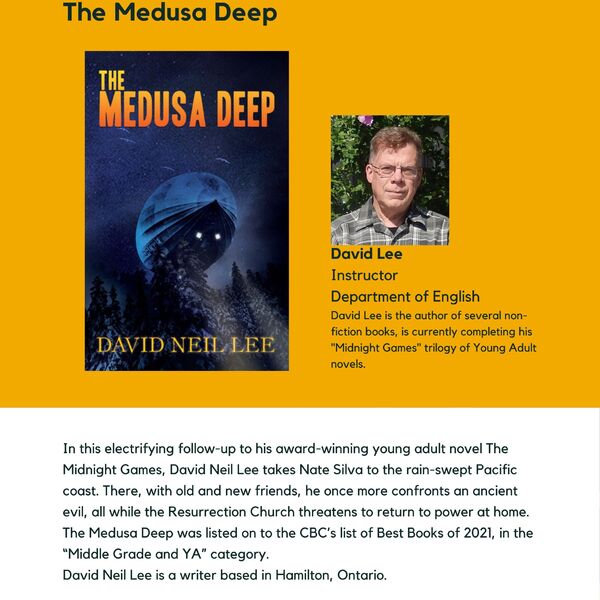 The Medusa Deep promotional poster for the Celebrating Laurier Achievements program with a headshot of the book's author, David Lee.