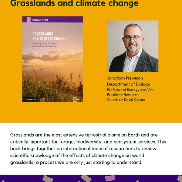 Grasslands and Climate Change promotional poster for the Celebrating Laurier Achievements program with a headshot of the article's author, Jonathan Newman.