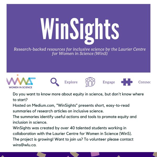 WinSights: Research-backed Resources for Inclusive Science by the Laurier Centre for Women in Science (WinS) promotional poster for the Celebrating Laurier Achievements program.