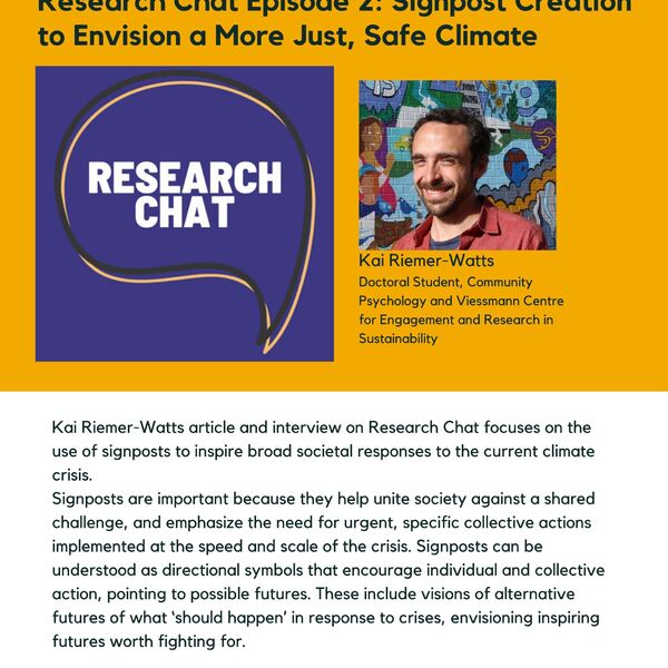 Research Chat Episode 2: Signpost Creation to Envision a More Just, Safe Climate promotional poster for the Celebrating Laurier Achievements program.