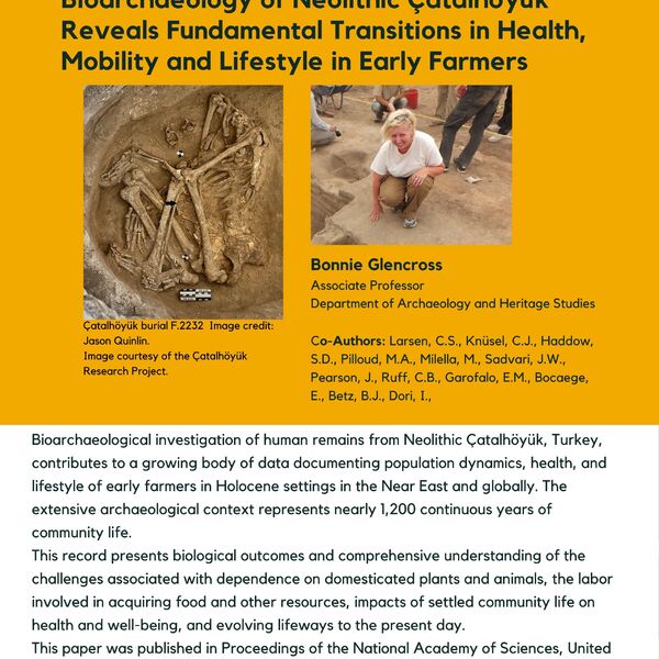 Bioarchaeology of Neolithic Çatalhöyük Reveals Fundamental Transitions in Health, Mobility and Lifestyle in Early Farmers promotional poster for the Celebrating Laurier Achievements program showing the researcher, Bonnie Glencross, at an archaeological dig.