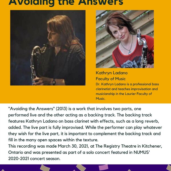 Avoiding the Answers promotional poster for the Celebrating Laurier Achievements program with a headshot of the musician, Kathryn Ladano.